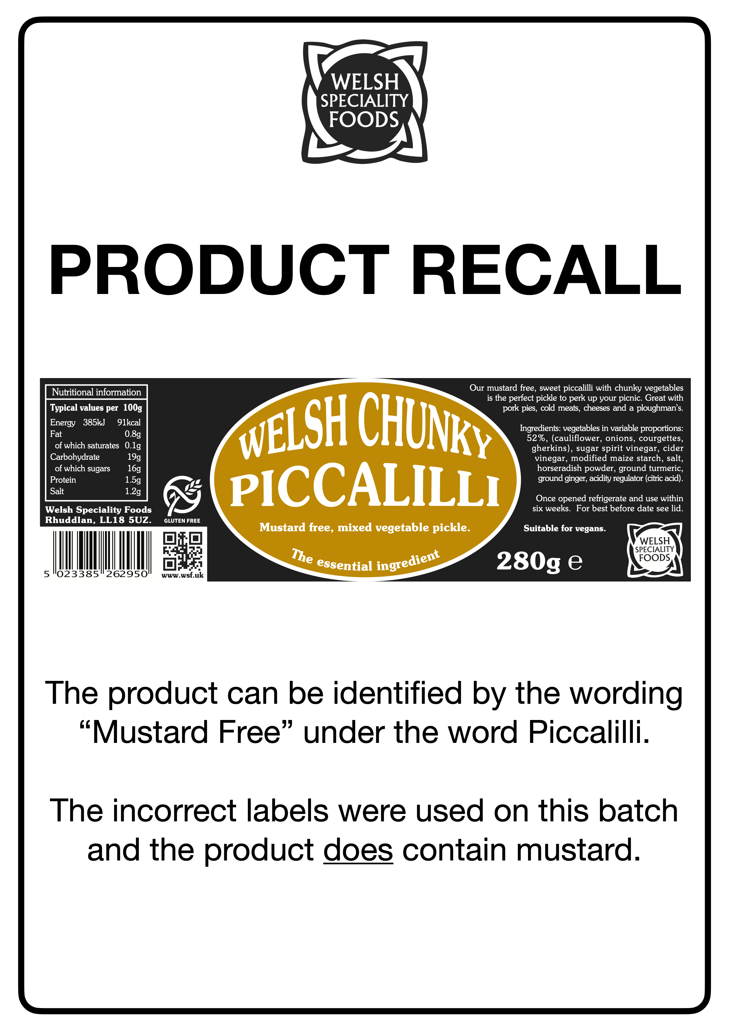 Welsh Speciality Foods recall poster